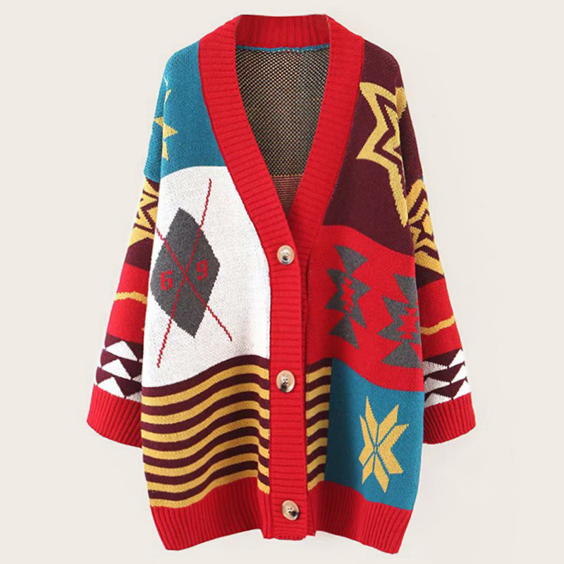 

V Neck Button Front Tribal Pattern Cardigan, Multicolor
