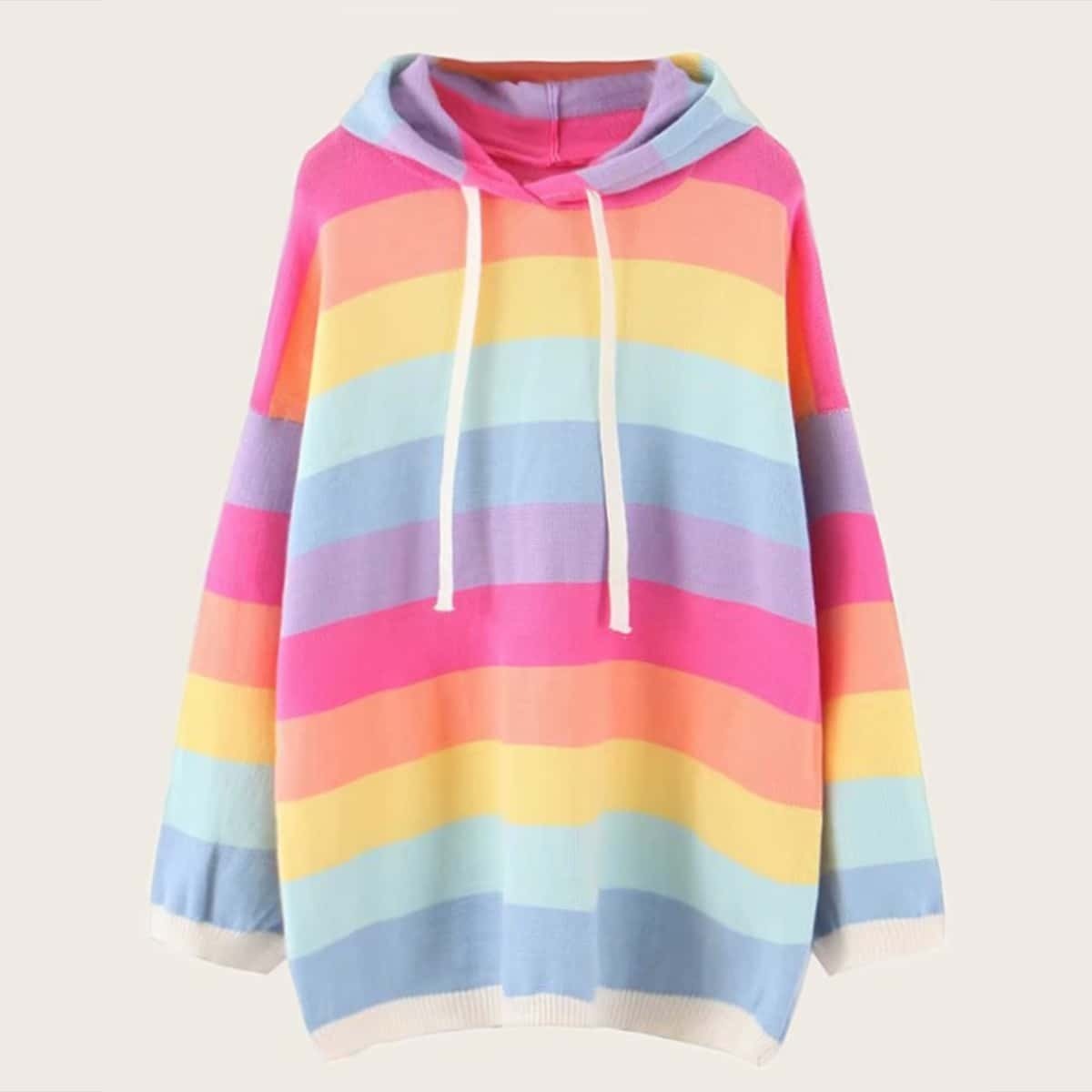 

Rainbow Striped Drawstring Hooded Sweater, Multicolor