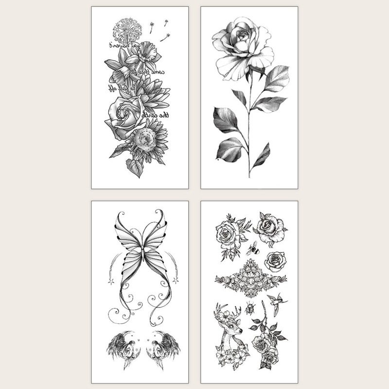 

Butterfly & Flower Pattern Tattoo Sticker 4pcs, Black