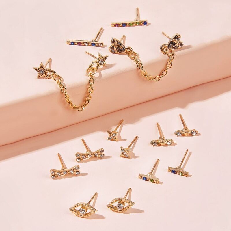 Rhinestone Engraved Eye & Heart Earrings 7pairs, Gold
