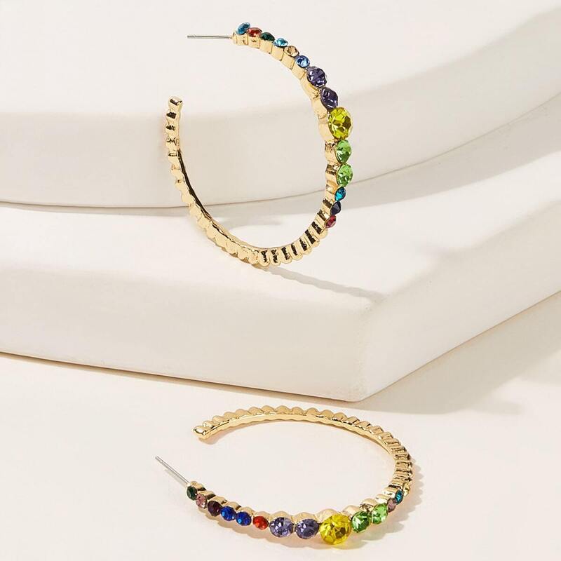 

Rhinestone Engraved Cuff Hoop Earrings 1pair, Multicolor