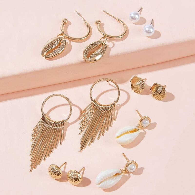 

Shell & Faux Pearl Decor Earrings 6pairs, Gold