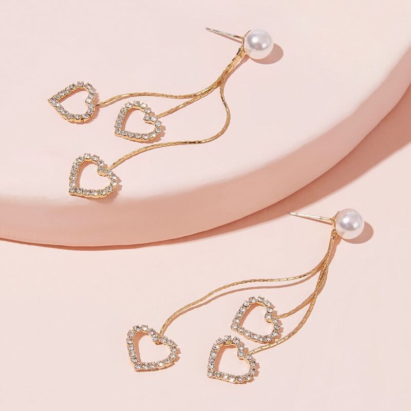

Faux Pearl Decor Rhinestone Engraved Heart Drop Earrings 1pair, Gold