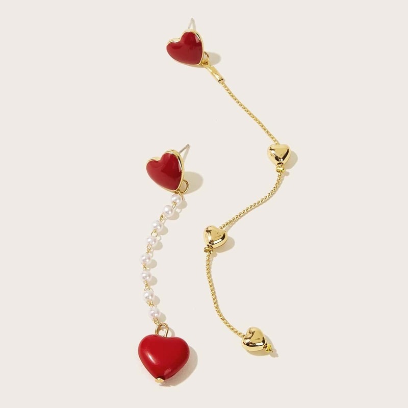 

Faux Pearl & Heart Decor Long Strip Mismatched Earrings 1pair, Multicolor