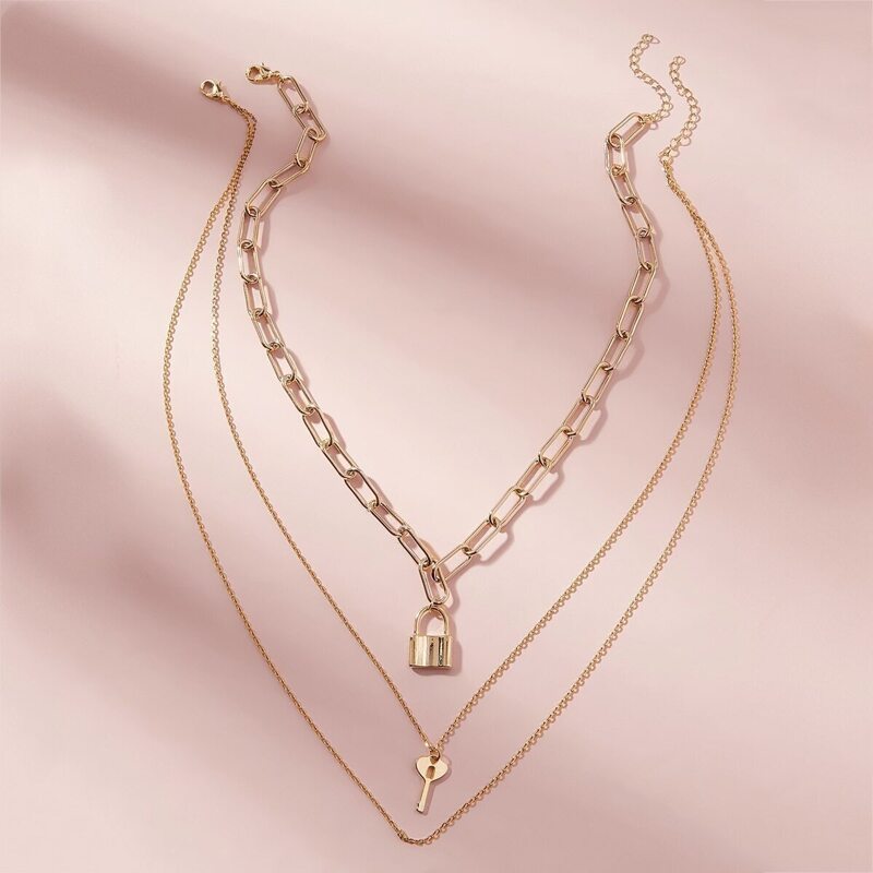 

Key & Lock Charm Layered Chain Necklace 2pcs, Gold
