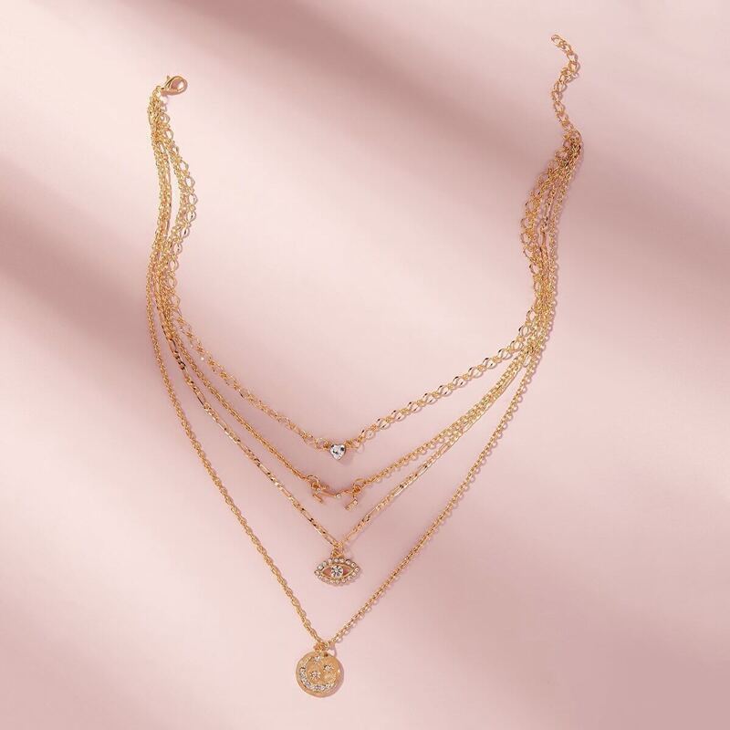 

Rhinestone Engraved Moon & Eye Charm Layered Necklace 1pc, Gold
