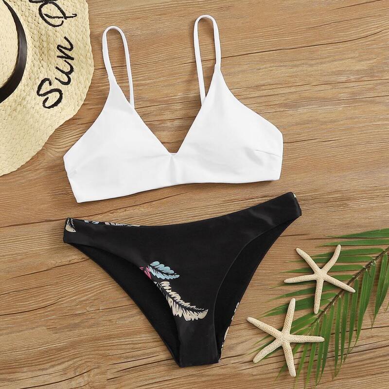 

Two Tone Top With Leaf Print Cheeky Bikini Set, Multicolor