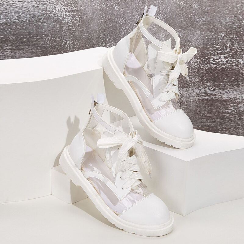 

Transparent Stitched Back Zipper Ankle Boots, White