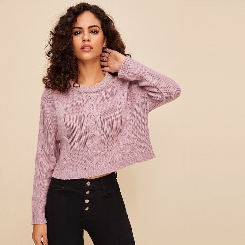 

Solid Crop Cable Sweater, Pink pastel