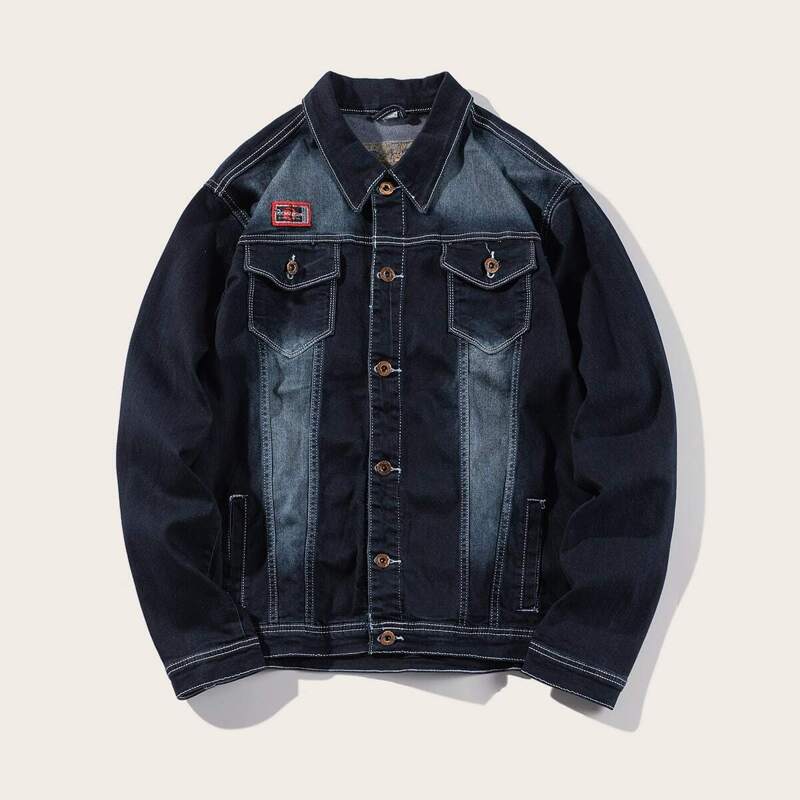 

Guys Single-breasted Patched Denim Jacket, Navy