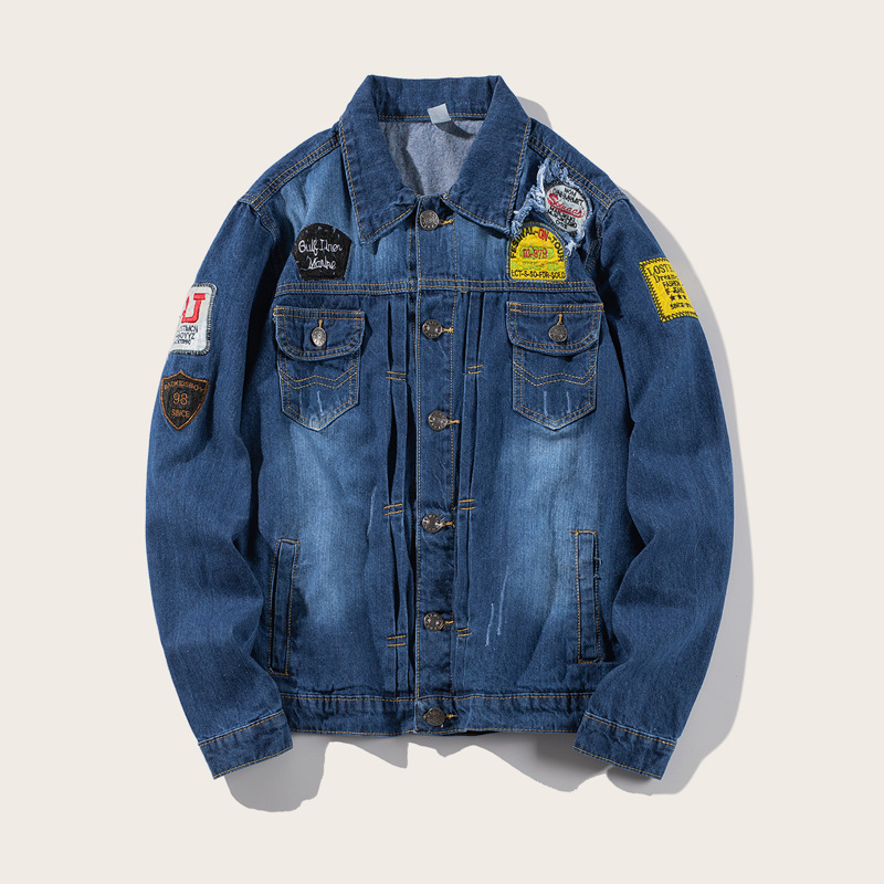

Guys Single-breasted Patched Denim Jacket, Navy
