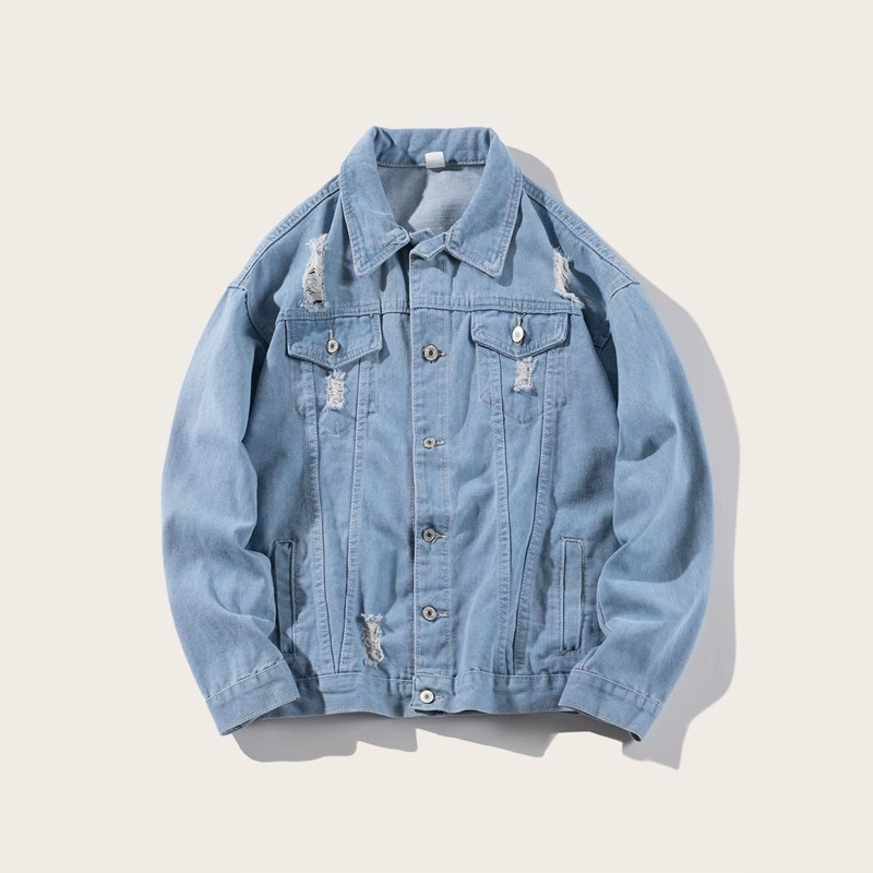 

Guys Solid Single-breasted Ripped Denim Jacket, Blue