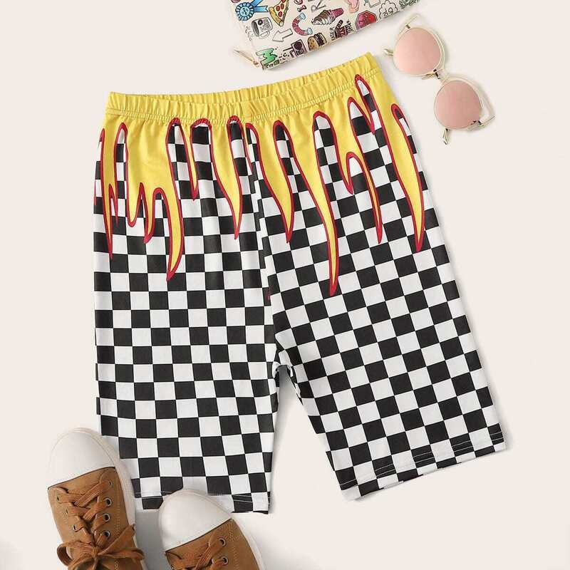 

Fire And Checkered Print Cycling Shorts, Black and white