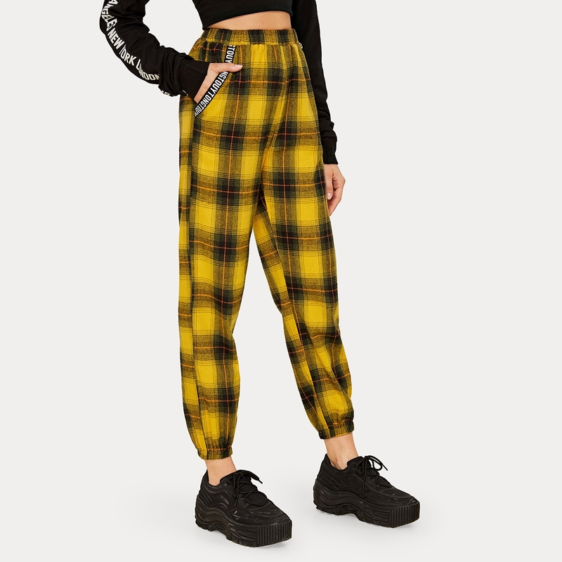 

Tartan Tape Panel Slant Pocket Sweatpants, Yellow