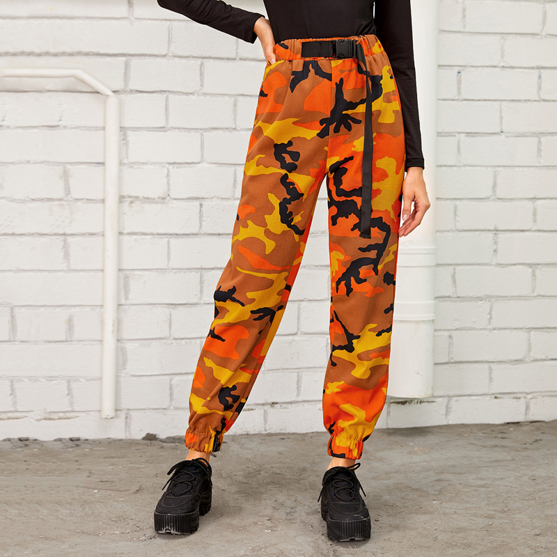 

Camo Print Buckle Belted Cargo Pants, Multicolor