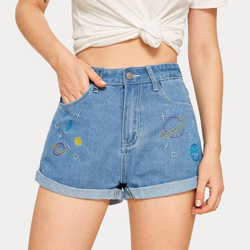

Planet Embroidery Roll Hem Denim Shorts, Blue