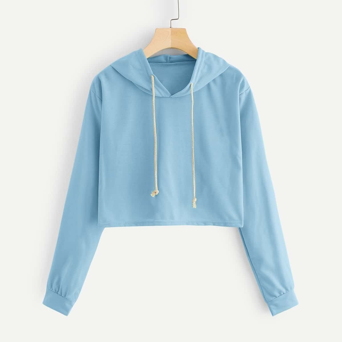

Solid Drawstring Hooded Crop Sweatshirt, Blue pastel