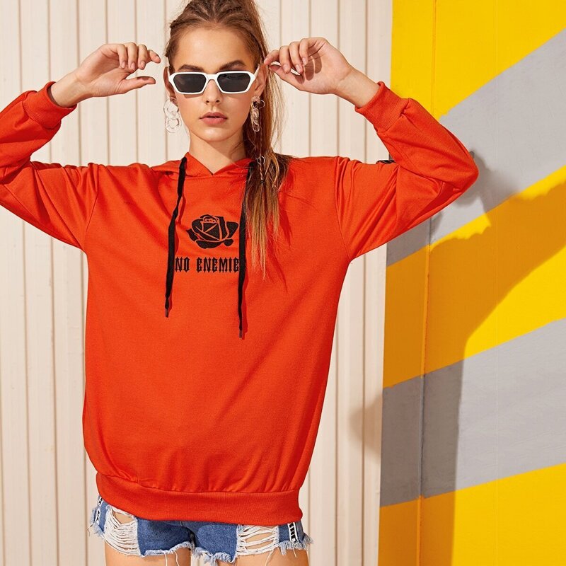

Rose & Letter Graphic Drawstring Hoodie, Orange bright