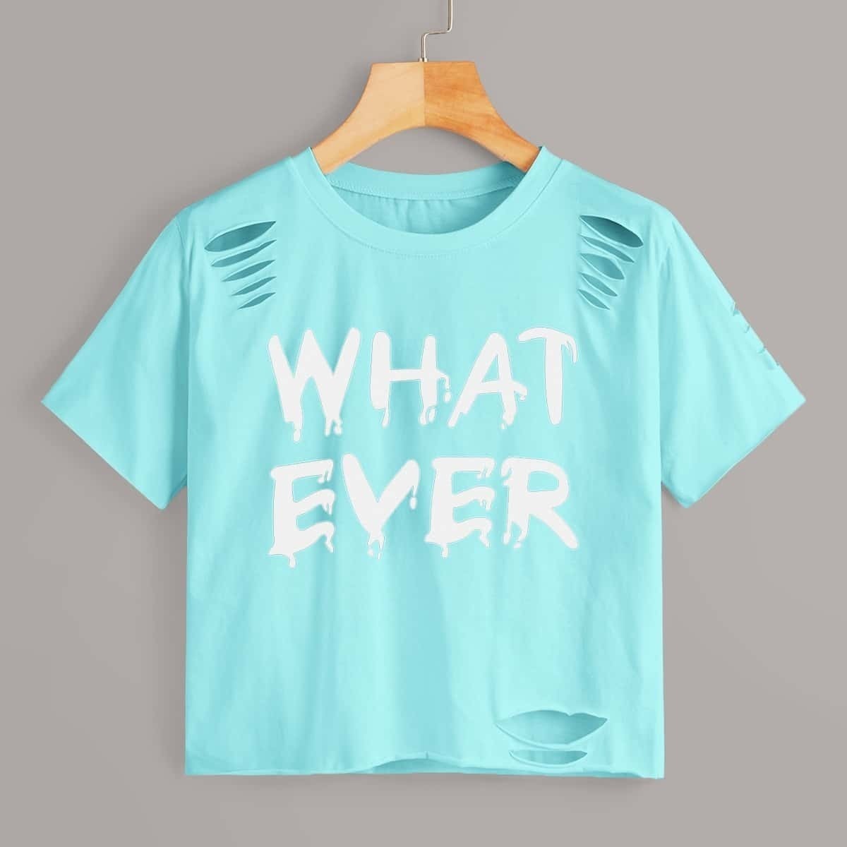 

Letter Print Ripped Short Sleeve Tee, Blue