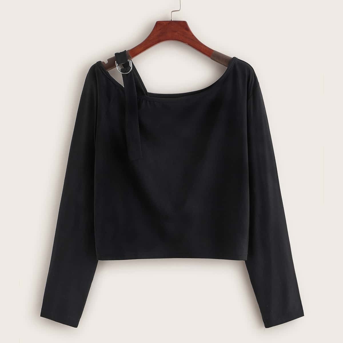 

Solid Asymmetrical Neck Long Sleeve Tee, Black