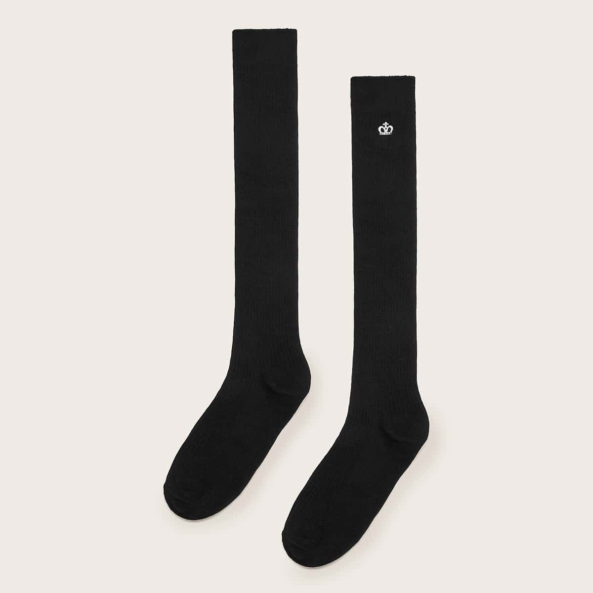 

Crown Embroidery Knee Length Socks 1pair, Black