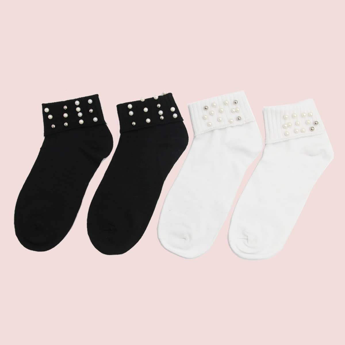 

Faux Pearl Decor Ankle Socks 2pairs, Black and white
