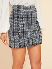 SHEIN Frayed Trim Plaid Tweed Skirt - Blue - View 5