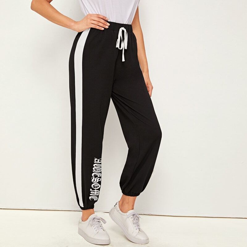 

Striped Side Letter Graphic Sweatpants, Black