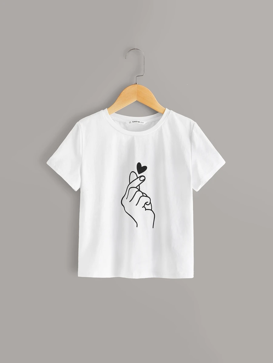 SHEIN Girls Gesture Print Top - White - View 1