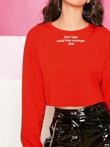 SHEIN Drop Shoulder Slogan Graphic Pullover - Red - View 4