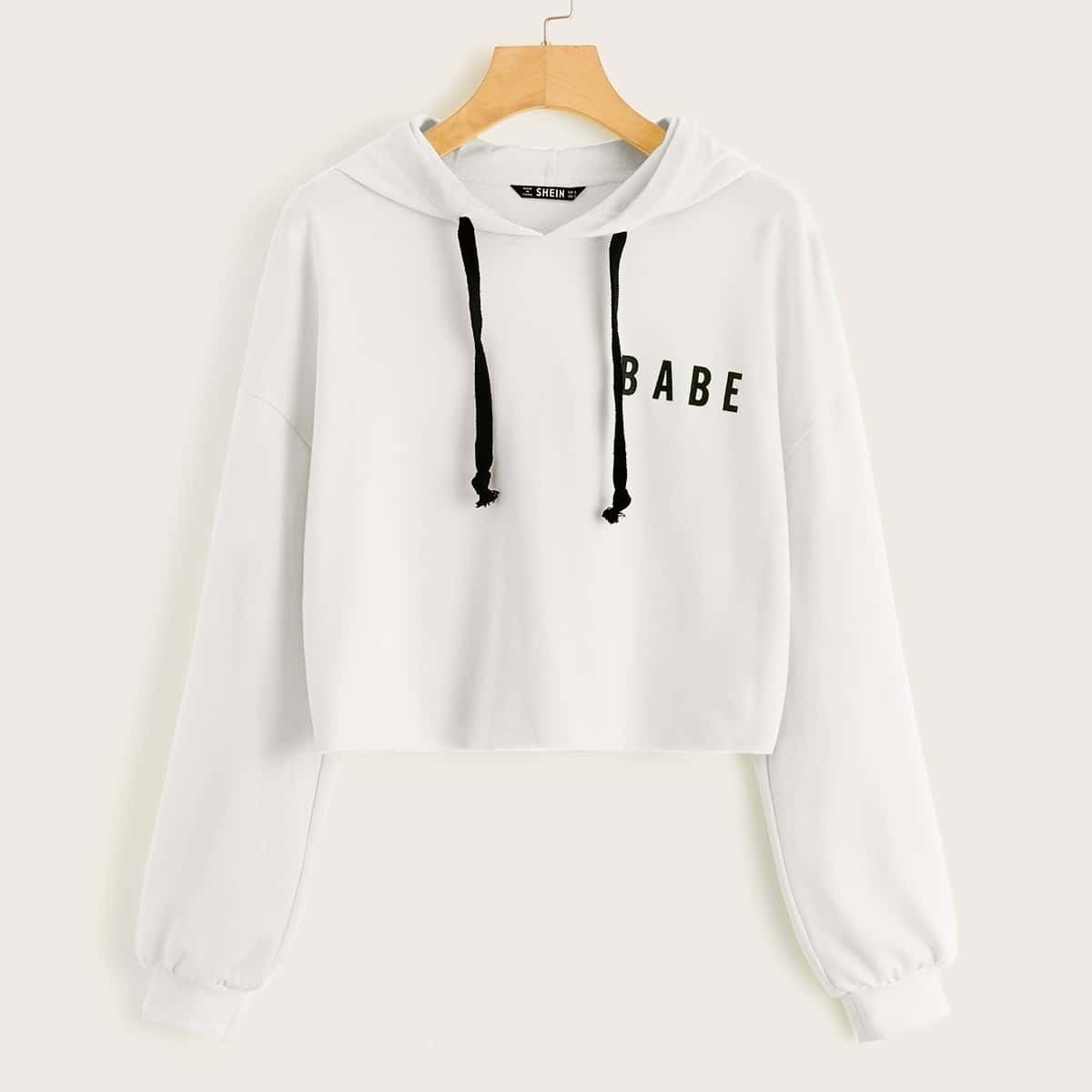 

Drop Shoulder Letter Graphic Drawstring Hoodie, White