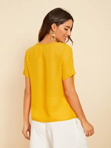 SHEIN LUNE Mesh Insert Short Sleeve Top - Mustard Yellow - View 2