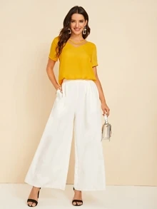 SHEIN LUNE Mesh Insert Short Sleeve Top - Mustard Yellow - View 3