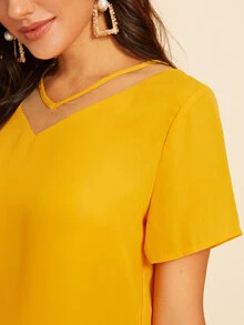SHEIN LUNE Mesh Insert Short Sleeve Top - Mustard Yellow - View 4