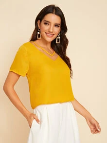 SHEIN LUNE Mesh Insert Short Sleeve Top - Mustard Yellow - View 5