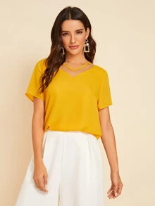 SHEIN LUNE Mesh Insert Short Sleeve Top - Mustard Yellow - View 1