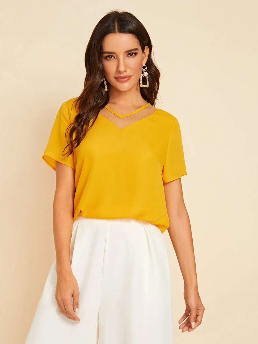 SHEIN LUNE Mesh Insert Short Sleeve Top - Mustard Yellow - View 1