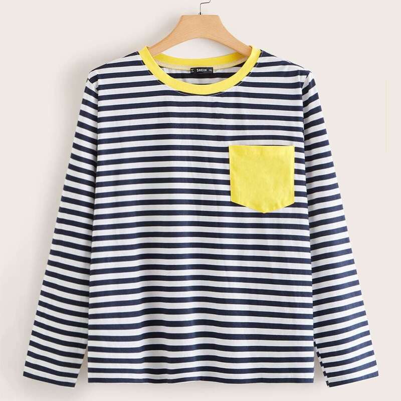 

Plus Contrast Neck Colorblock Patch Pocket Striped Top, Navy
