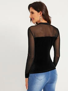 SHEIN Sheer Mesh Yoke Slim Velvet Top - Black - View 2