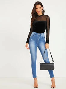 SHEIN Sheer Mesh Yoke Slim Velvet Top - Black - View 3