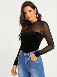 SHEIN Sheer Mesh Yoke Slim Velvet Top - Black - View 4