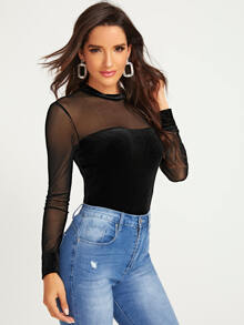 SHEIN Sheer Mesh Yoke Slim Velvet Top - Black - View 5
