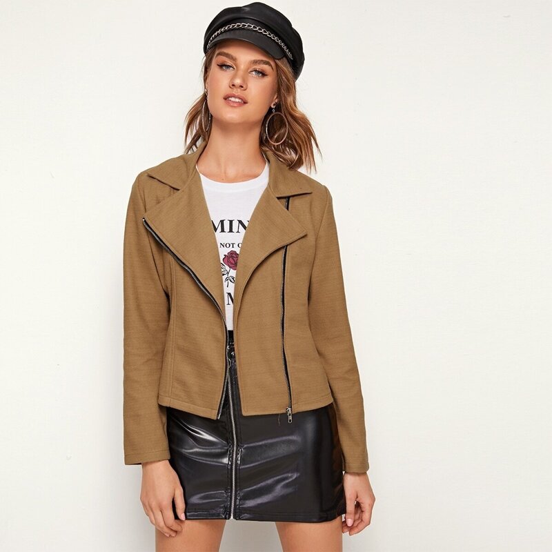 

Zip Up Lapel Neck Biker Jacket, Khaki