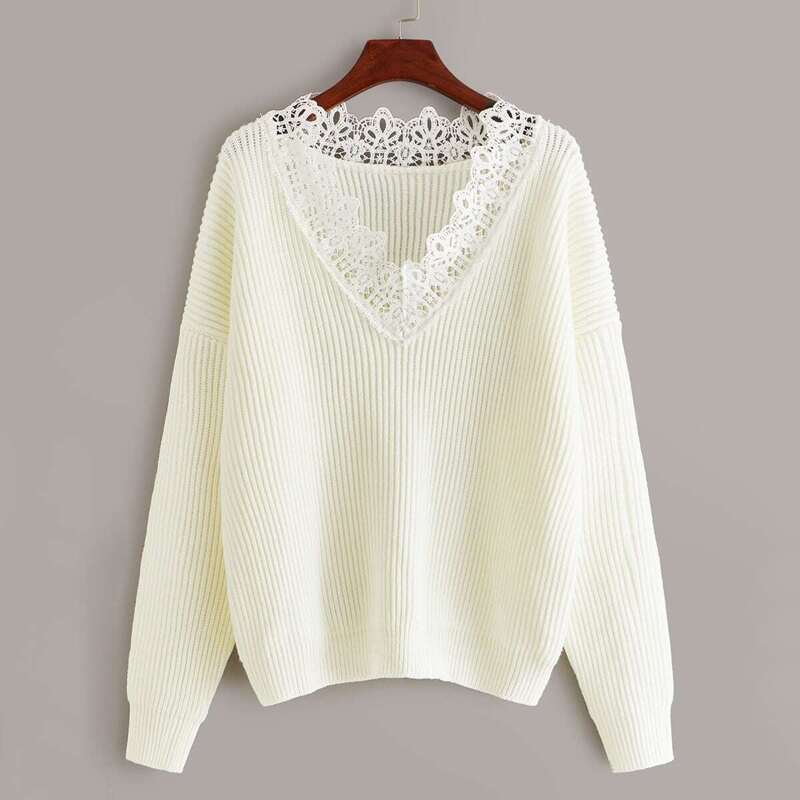 

Contrast Lace Drop Shoulder Sweater, White