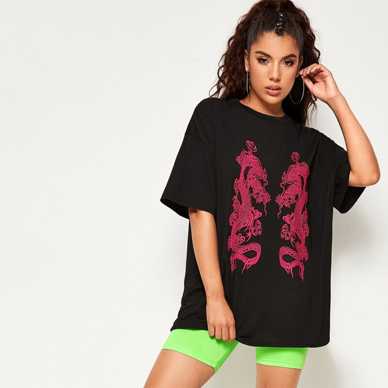 

Dragon Print Round Neck Tee, Black