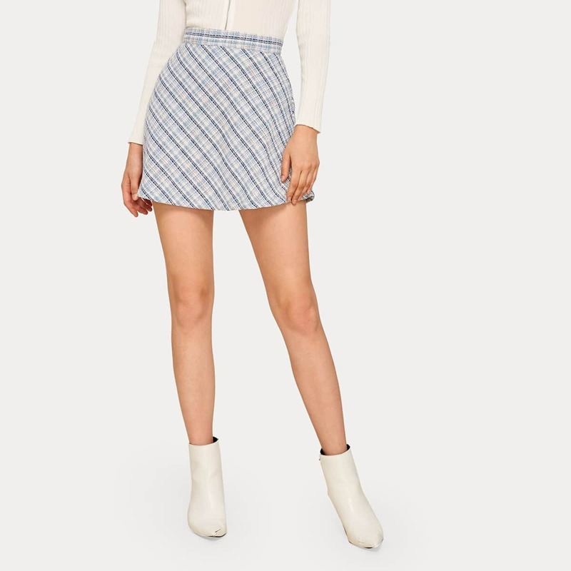 

Zip Back Plaid Tweed Skirt, Multicolor