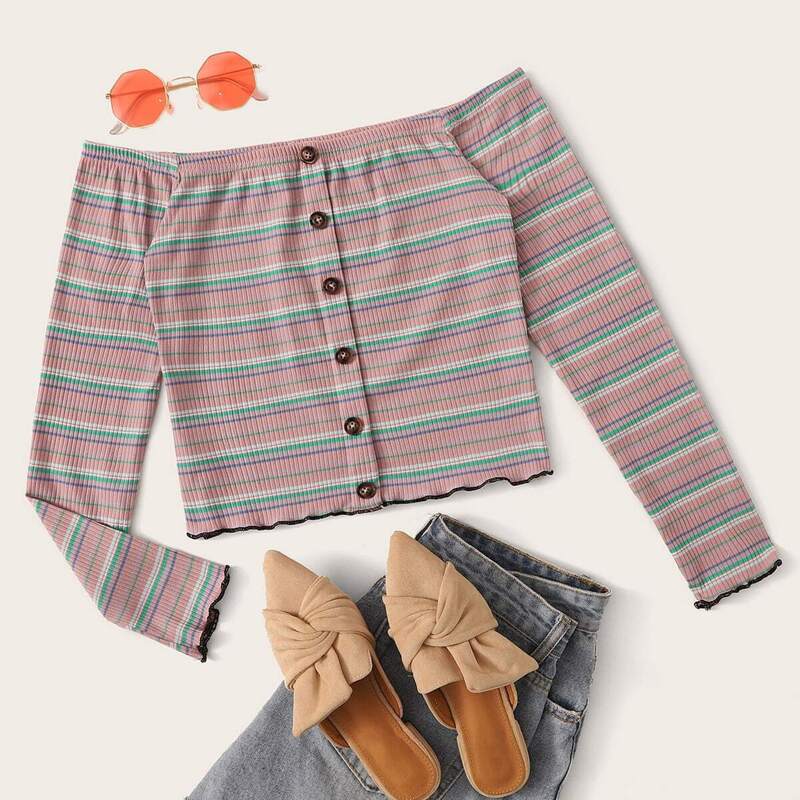 

Rainbow Stripe Lettuce Trim Bardot Tee, Multicolor