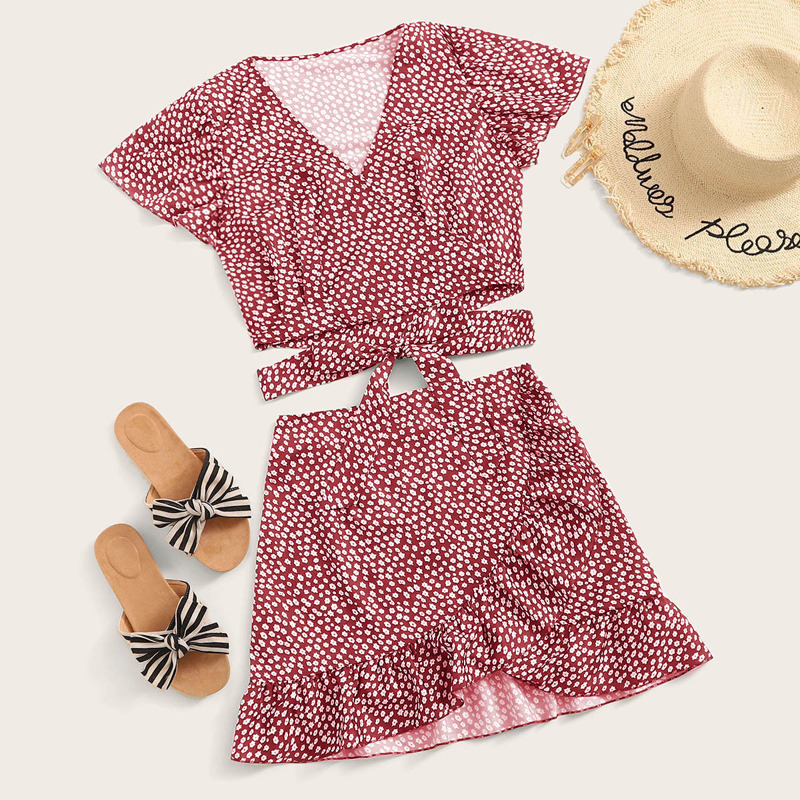 

Ditsy Floral Tie Back Wrap Top & Ruffle Hem Skirt, Red