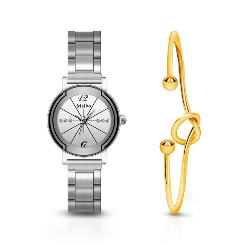 

Round Dial Quartz Watch With Bangle 2pcs