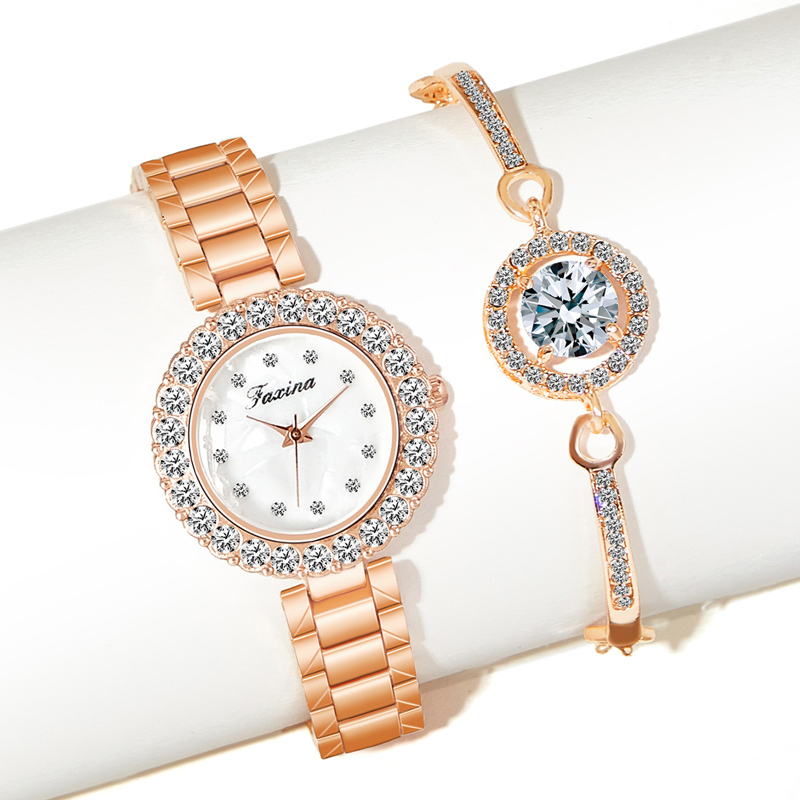 

Rhinestone Decor Quartz Watch With Bracelet 2pcs